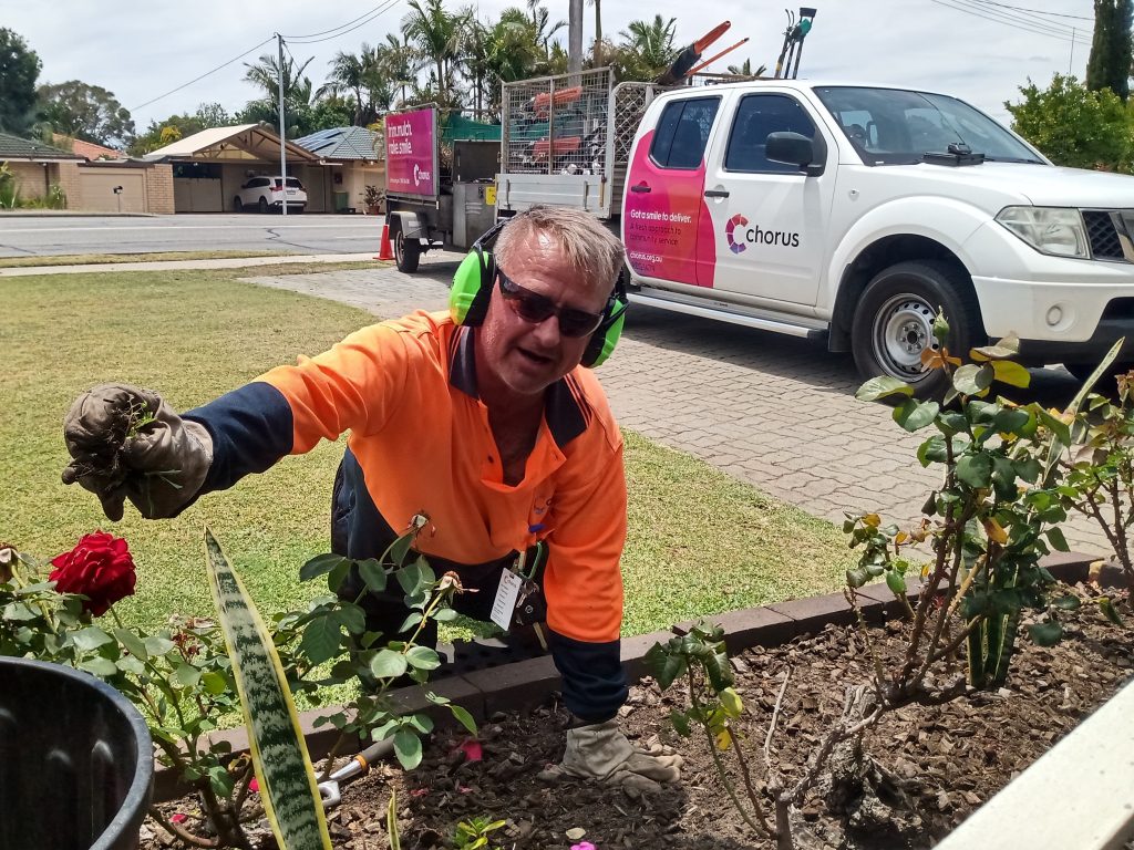 Paul hard at work in the garden in front of Chorus ute